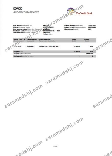 Slovenia ProCredit bank account statement Word and PDF template